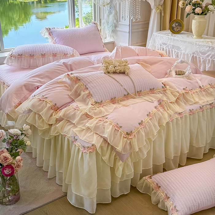 91家纺网 家纺一手货源 找家纺 虹星家纺 2025新款玫瑰花语全棉纯棉床裙款四件套 玫瑰花语-樱花粉