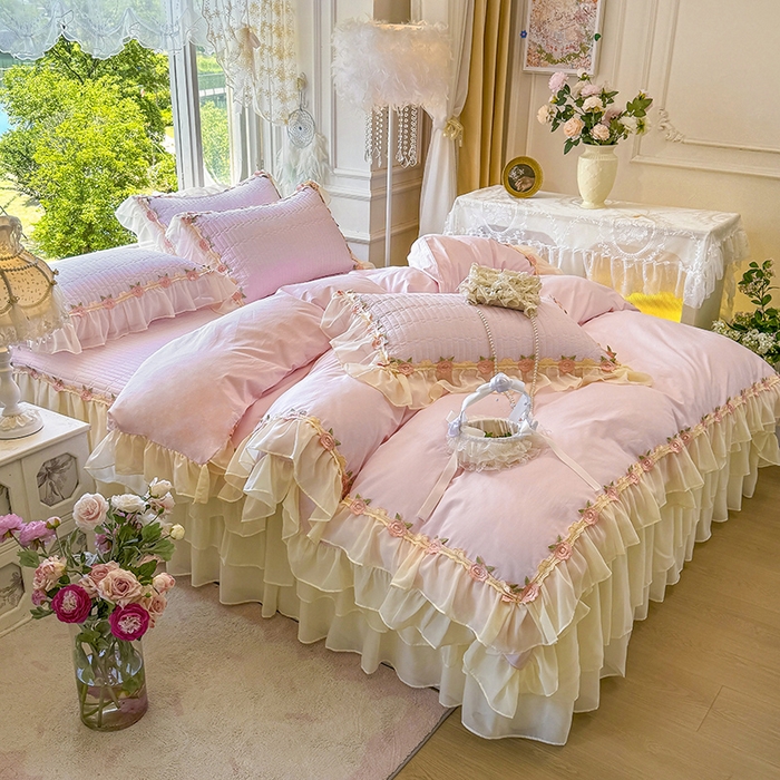 91家纺网 家纺一手货源 找家纺 虹星家纺 2025新款玫瑰花语全棉纯棉床裙款四件套 玫瑰花语-樱花粉