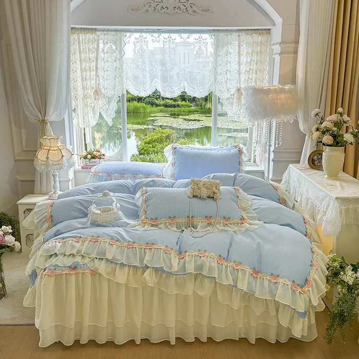 91家纺网 家纺一手货源 找家纺 虹星家纺 2025新款玫瑰花语全棉纯棉床裙款四件套 玫瑰花语-月影蓝