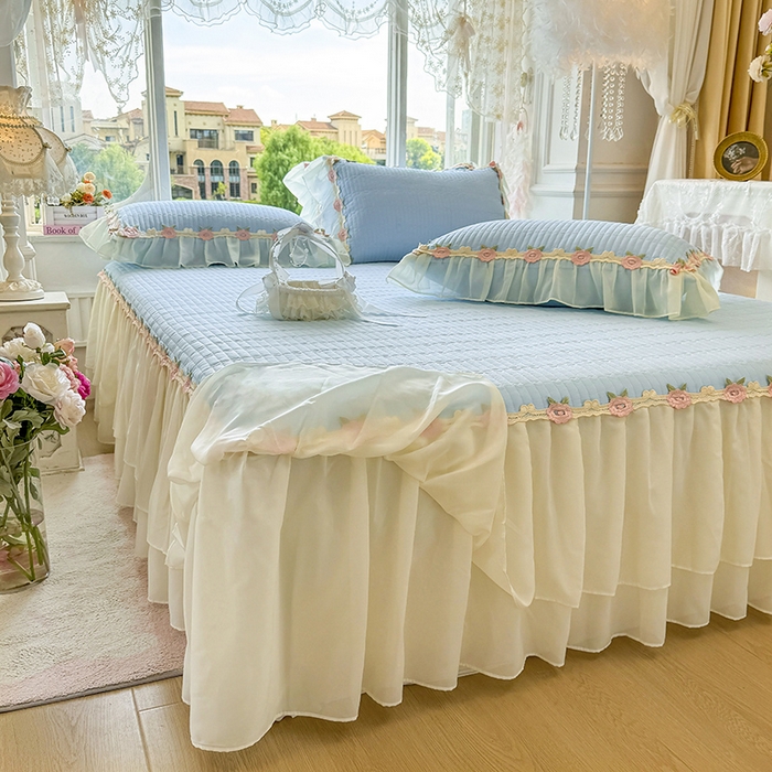 91家纺网 家纺一手货源 找家纺 虹星家纺 2025新款玫瑰花语全棉纯棉床裙款四件套 玫瑰花语-月影蓝