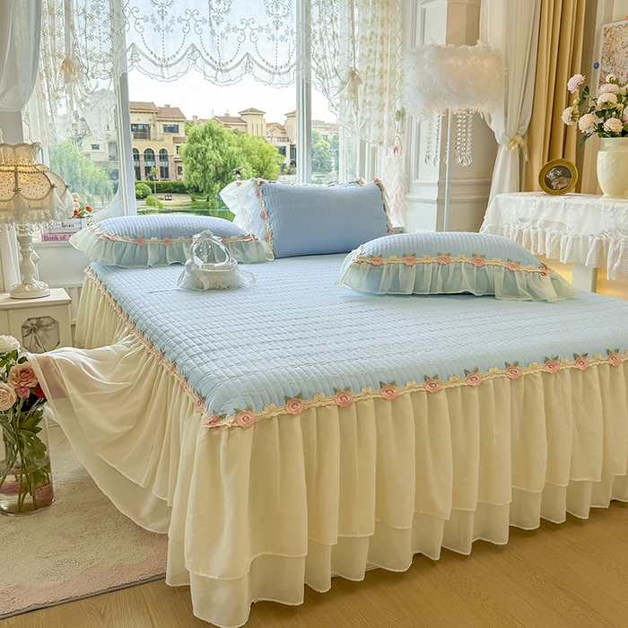 91家纺网 家纺一手货源 找家纺 虹星家纺 2025新款玫瑰花语全棉纯棉床裙款四件套 玫瑰花语-月影蓝