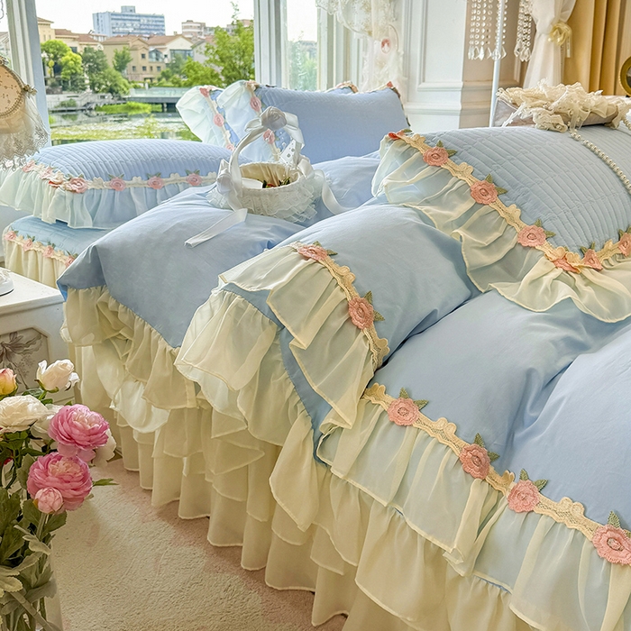 91家纺网 家纺一手货源 找家纺 虹星家纺 2025新款玫瑰花语全棉纯棉床裙款四件套 玫瑰花语-月影蓝