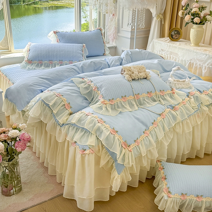 91家纺网 家纺一手货源 找家纺 虹星家纺 2025新款玫瑰花语全棉纯棉床裙款四件套 玫瑰花语-月影蓝