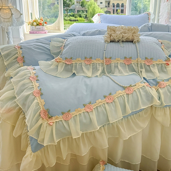 91家纺网 家纺一手货源 找家纺 虹星家纺 2025新款玫瑰花语全棉纯棉床裙款四件套 玫瑰花语-月影蓝