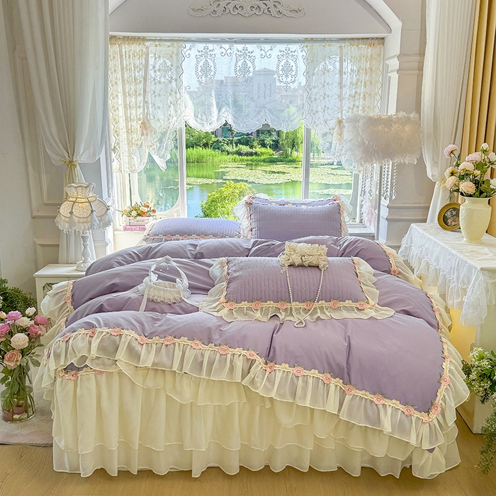 91家纺网 家纺一手货源 找家纺 虹星家纺 2025新款玫瑰花语全棉纯棉床裙款四件套 玫瑰花语-紫罗兰