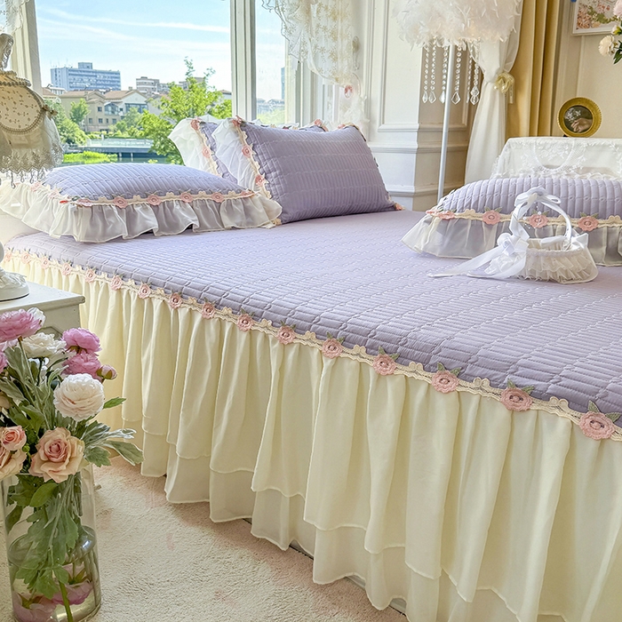 91家纺网 家纺一手货源 找家纺 虹星家纺 2025新款玫瑰花语全棉纯棉床裙款四件套 玫瑰花语-紫罗兰