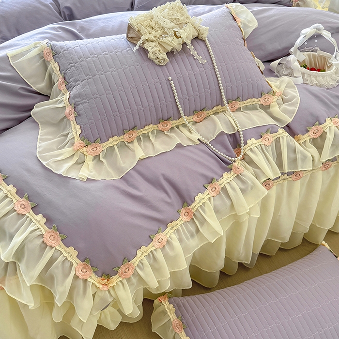 91家纺网 家纺一手货源 找家纺 虹星家纺 2025新款玫瑰花语全棉纯棉床裙款四件套 玫瑰花语-紫罗兰