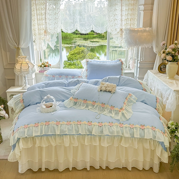 虹星家纺 2025新款玫瑰花语全棉纯棉床裙款四件套 玫瑰花语-月影蓝