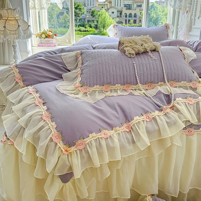 91家纺网 家纺一手货源 找家纺 虹星家纺 2025新款玫瑰花语全棉纯棉床裙款四件套 玫瑰花语-紫罗兰