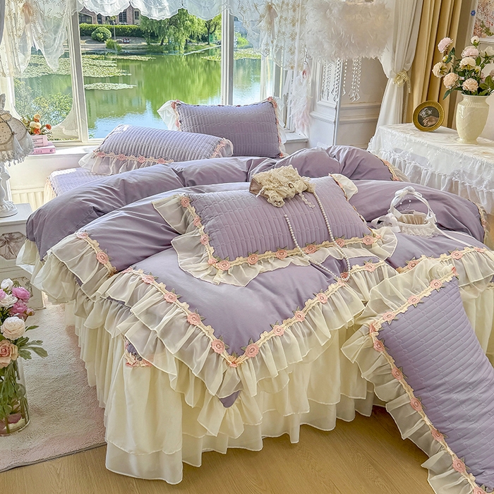 91家纺网 家纺一手货源 找家纺 虹星家纺 2025新款玫瑰花语全棉纯棉床裙款四件套 玫瑰花语-紫罗兰