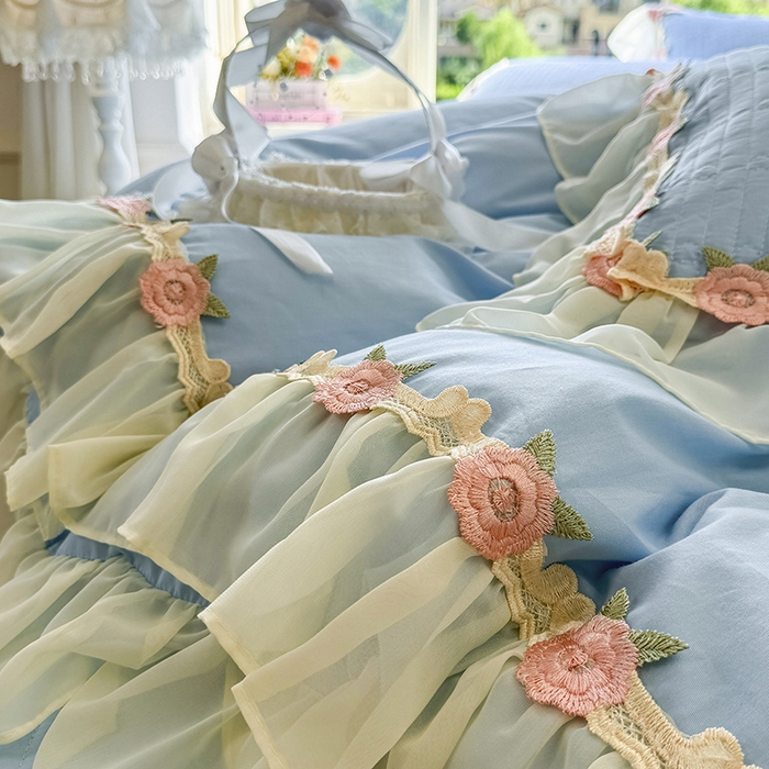 91家纺网 家纺一手货源 找家纺 虹星家纺 2025新款玫瑰花语全棉纯棉床裙款四件套 玫瑰花语-月影蓝