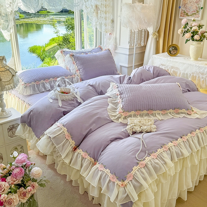 91家纺网 家纺一手货源 找家纺 虹星家纺 2025新款玫瑰花语全棉纯棉床裙款四件套 玫瑰花语-紫罗兰