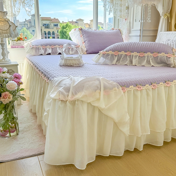 91家纺网 家纺一手货源 找家纺 虹星家纺 2025新款玫瑰花语全棉纯棉床裙款四件套 玫瑰花语-紫罗兰