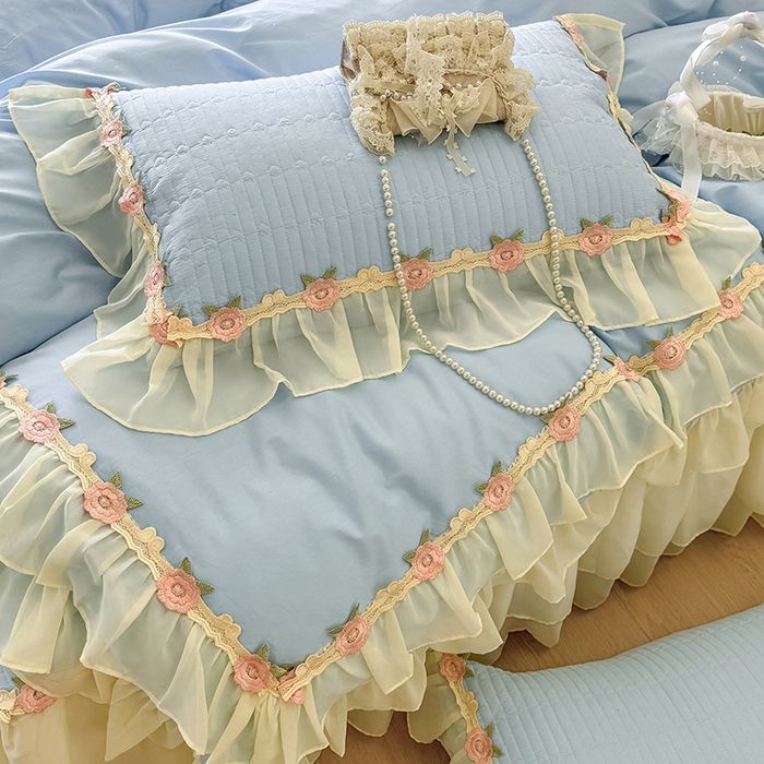 91家纺网 家纺一手货源 找家纺 虹星家纺 2025新款玫瑰花语全棉纯棉床裙款四件套 玫瑰花语-月影蓝