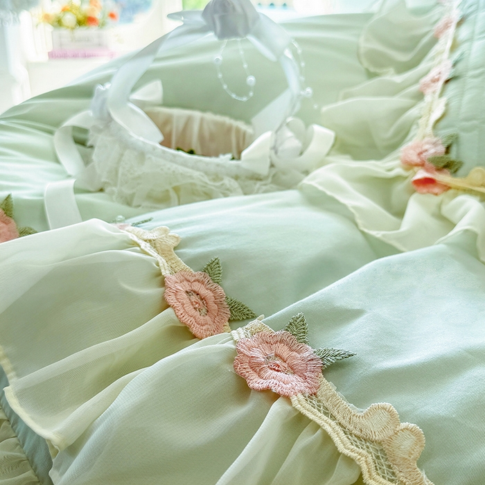 91家纺网 家纺一手货源 找家纺 虹星家纺 2025新款玫瑰花语全棉纯棉床裙款四件套 玫瑰花语-抹茶绿