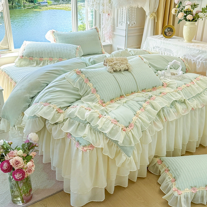 91家纺网 家纺一手货源 找家纺 虹星家纺 2025新款玫瑰花语全棉纯棉床裙款四件套 玫瑰花语-抹茶绿