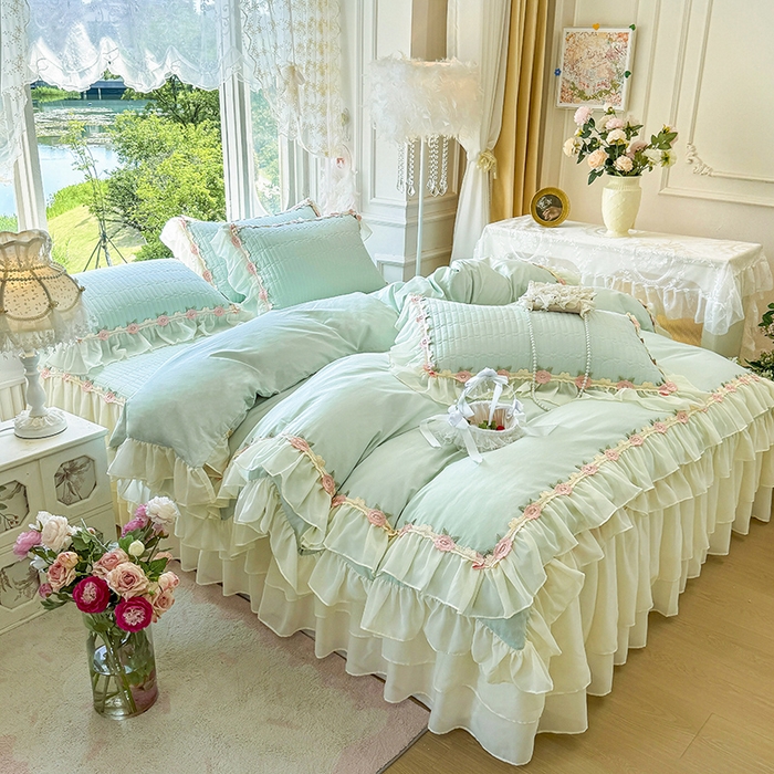 91家纺网 家纺一手货源 找家纺 虹星家纺 2025新款玫瑰花语全棉纯棉床裙款四件套 玫瑰花语-抹茶绿