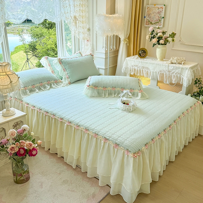 91家纺网 家纺一手货源 找家纺 虹星家纺 2025新款玫瑰花语全棉纯棉床裙款四件套 玫瑰花语-抹茶绿