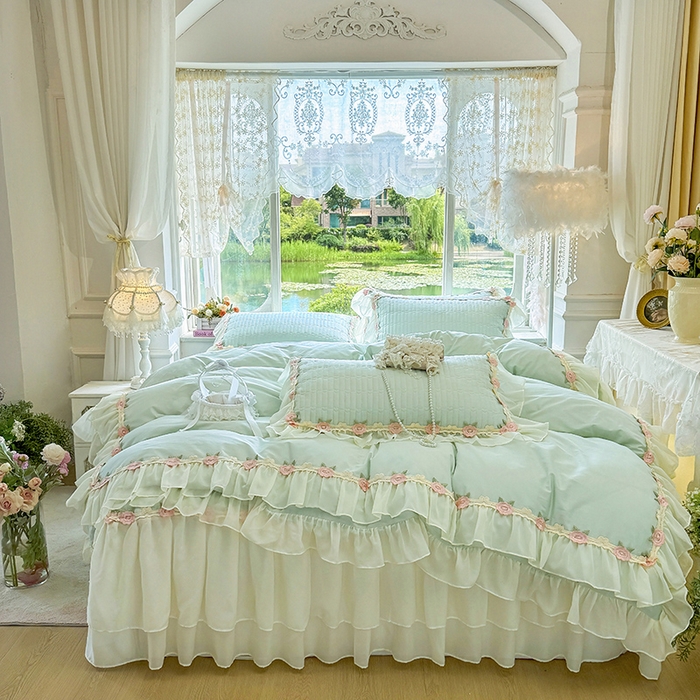 91家纺网 家纺一手货源 找家纺 虹星家纺 2025新款玫瑰花语全棉纯棉床裙款四件套 玫瑰花语-抹茶绿