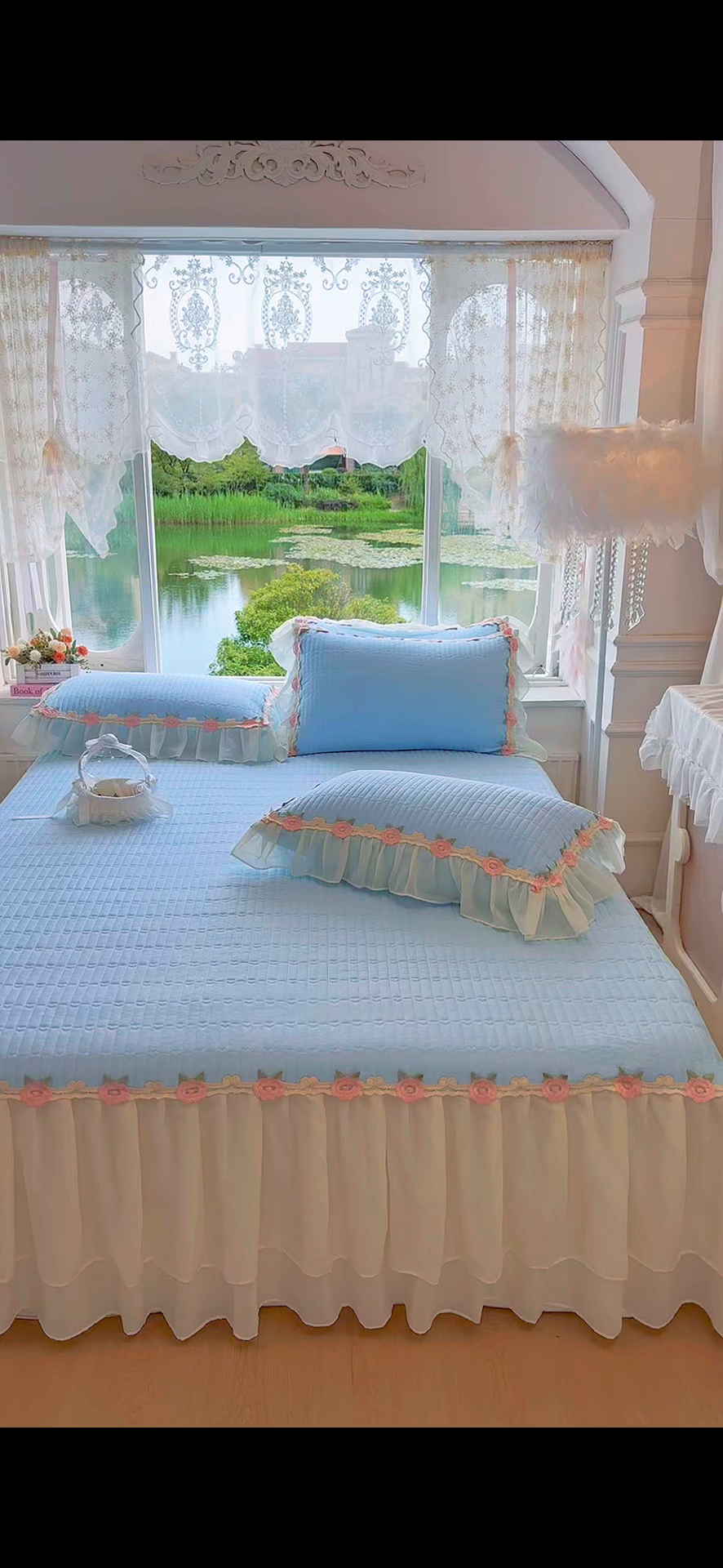 91家纺网 家纺一手货源 找家纺 虹星家纺 2025新款玫瑰花语全棉纯棉床裙款四件套 玫瑰花语-月影蓝