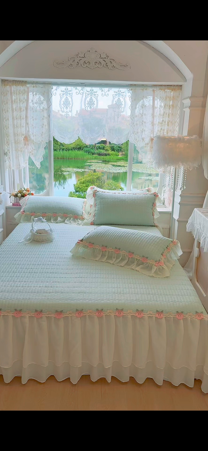 91家纺网 家纺一手货源 找家纺 虹星家纺 2025新款玫瑰花语全棉纯棉床裙款四件套 玫瑰花语-抹茶绿