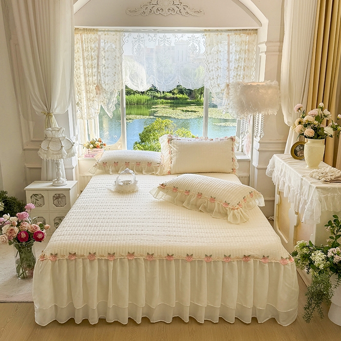 91家纺网 家纺一手货源 找家纺 （总）虹星家纺 2025新款玫瑰花语全棉纯棉床裙三件套单床裙床裙单件