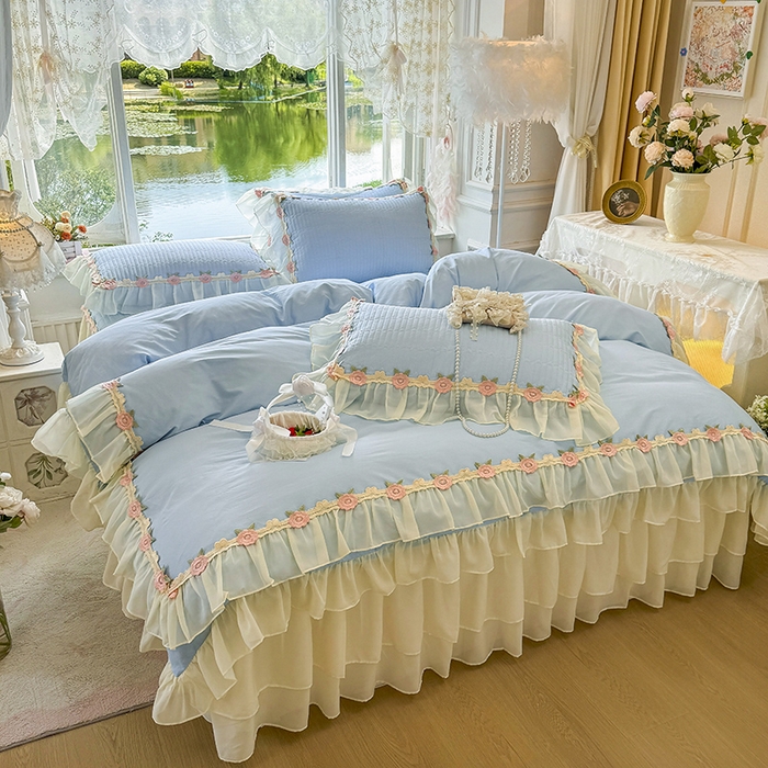 91家纺网 家纺一手货源 找家纺 虹星家纺 2025新款玫瑰花语全棉纯棉床裙三件套单床裙床裙单件 玫瑰花语-月影蓝