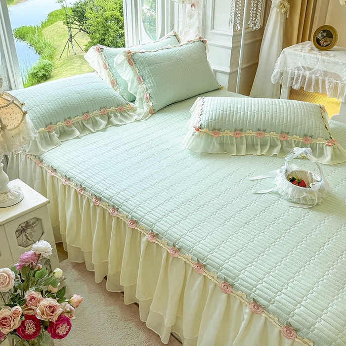 91家纺网 家纺一手货源 找家纺 虹星家纺 2025新款玫瑰花语全棉纯棉床裙三件套单床裙床裙单件 玫瑰花语-抹茶绿