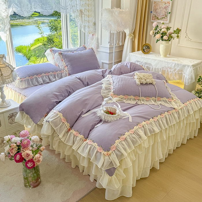 91家纺网 家纺一手货源 找家纺 虹星家纺 2025新款玫瑰花语全棉纯棉床裙三件套单床裙床裙单件 玫瑰花语-紫罗兰