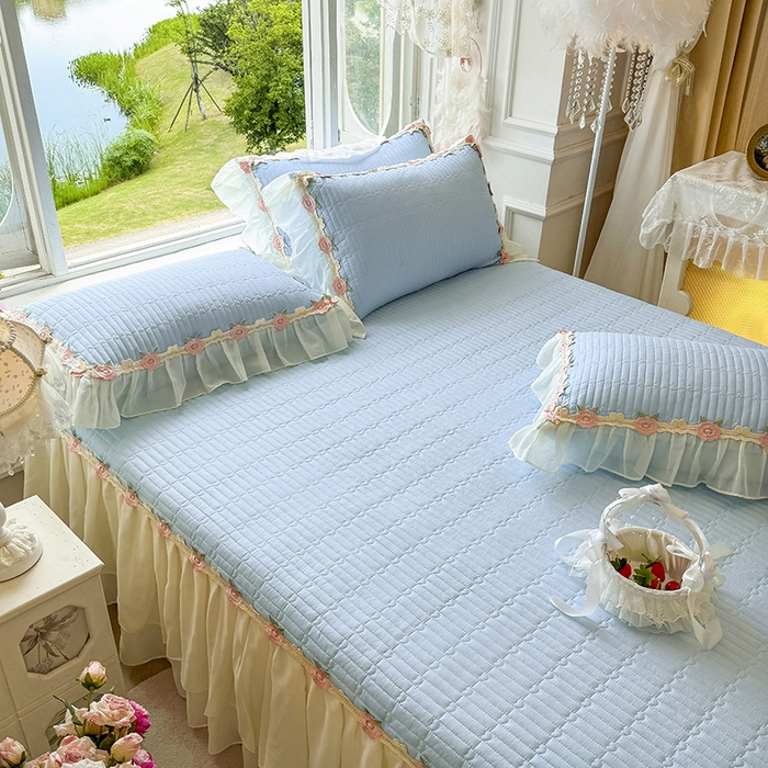 91家纺网 家纺一手货源 找家纺 虹星家纺 2025新款玫瑰花语全棉纯棉床裙三件套单床裙床裙单件 玫瑰花语-月影蓝