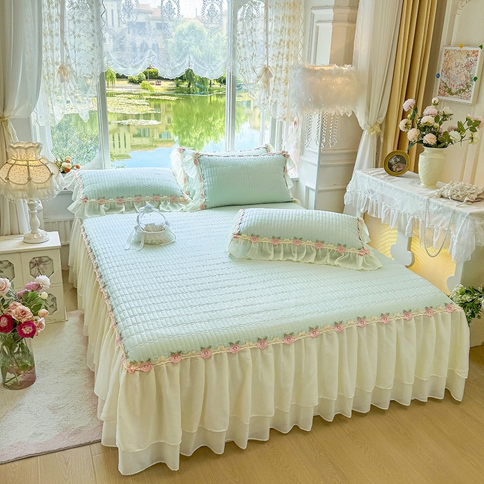 91家纺网 家纺一手货源 找家纺 虹星家纺 2025新款玫瑰花语全棉纯棉床裙三件套单床裙床裙单件 玫瑰花语-抹茶绿