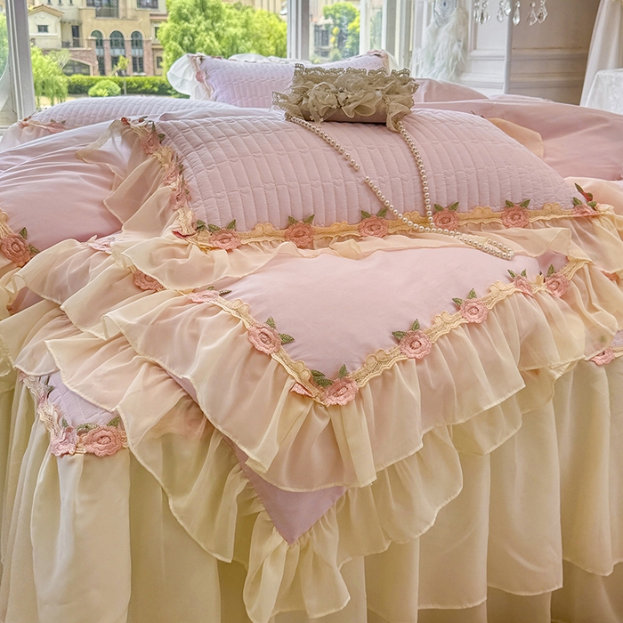 91家纺网 家纺一手货源 找家纺 虹星家纺 2025新款玫瑰花语全棉纯棉床裙三件套单床裙床裙单件 玫瑰花语-樱花粉