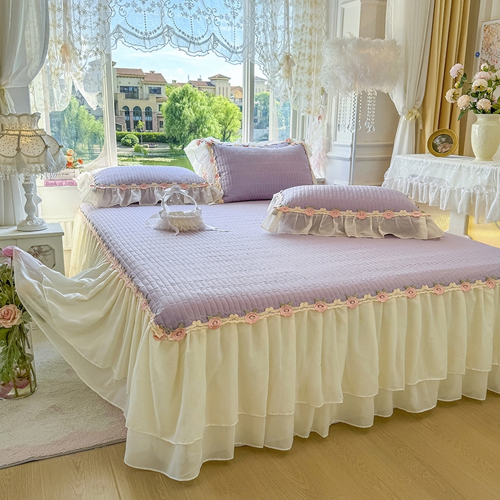 91家纺网 家纺一手货源 找家纺 虹星家纺 2025新款玫瑰花语全棉纯棉床裙三件套单床裙床裙单件 玫瑰花语-紫罗兰