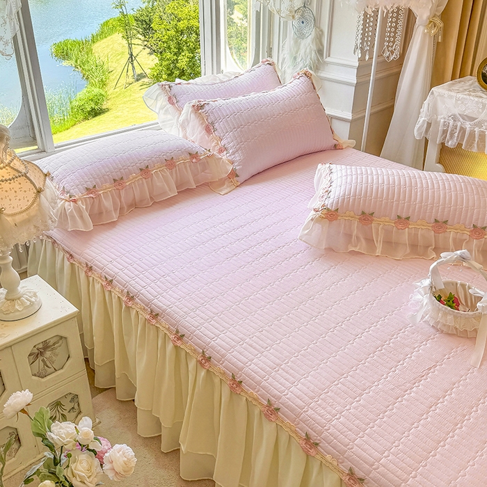 91家纺网 家纺一手货源 找家纺 虹星家纺 2025新款玫瑰花语全棉纯棉床裙三件套单床裙床裙单件 玫瑰花语-樱花粉