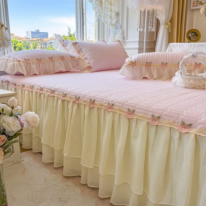 91家纺网 家纺一手货源 找家纺 虹星家纺 2025新款玫瑰花语全棉纯棉床裙三件套单床裙床裙单件 玫瑰花语-樱花粉