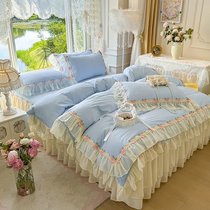 91家纺网 家纺一手货源 找家纺 虹星家纺 2025新款玫瑰花语全棉纯棉床裙三件套单床裙床裙单件 玫瑰花语-月影蓝