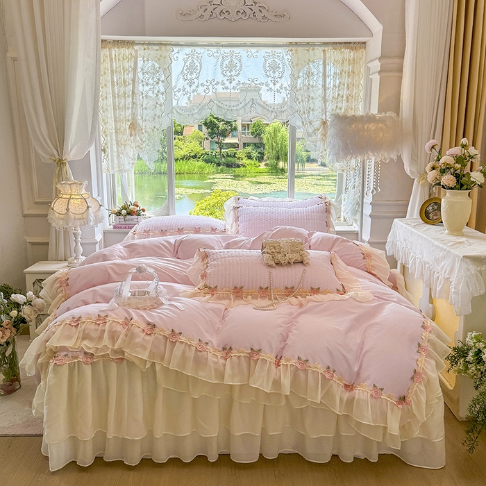 91家纺网 家纺一手货源 找家纺 虹星家纺 2025新款玫瑰花语全棉纯棉床裙三件套单床裙床裙单件 玫瑰花语-樱花粉