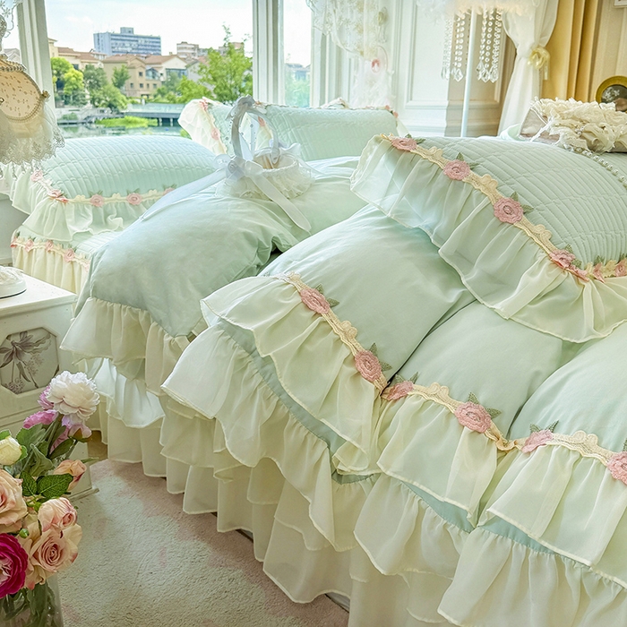 91家纺网 家纺一手货源 找家纺 虹星家纺 2025新款玫瑰花语全棉纯棉床裙三件套单床裙床裙单件 玫瑰花语-抹茶绿