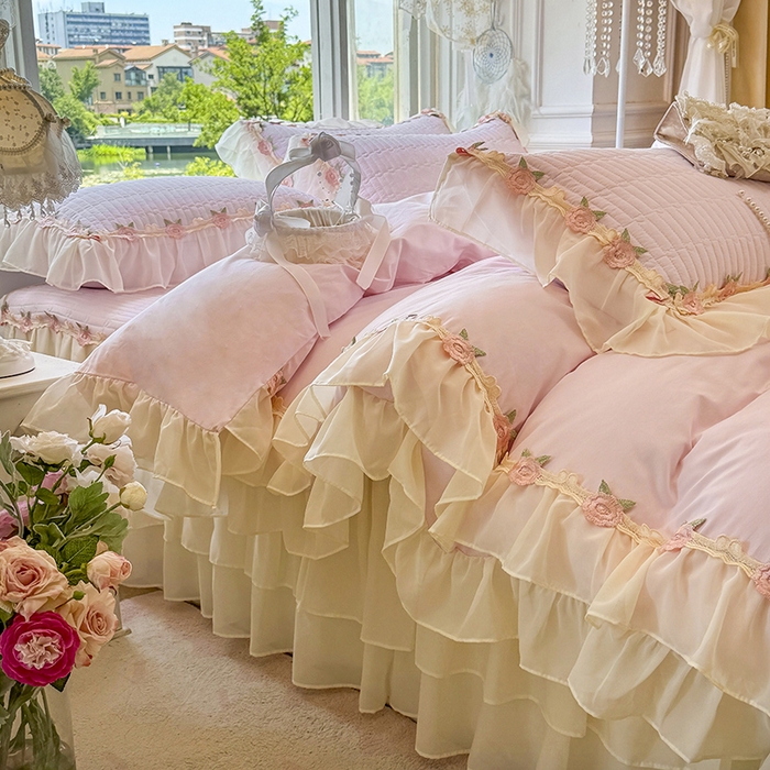 91家纺网 家纺一手货源 找家纺 虹星家纺 2025新款玫瑰花语全棉纯棉床裙三件套单床裙床裙单件 玫瑰花语-樱花粉