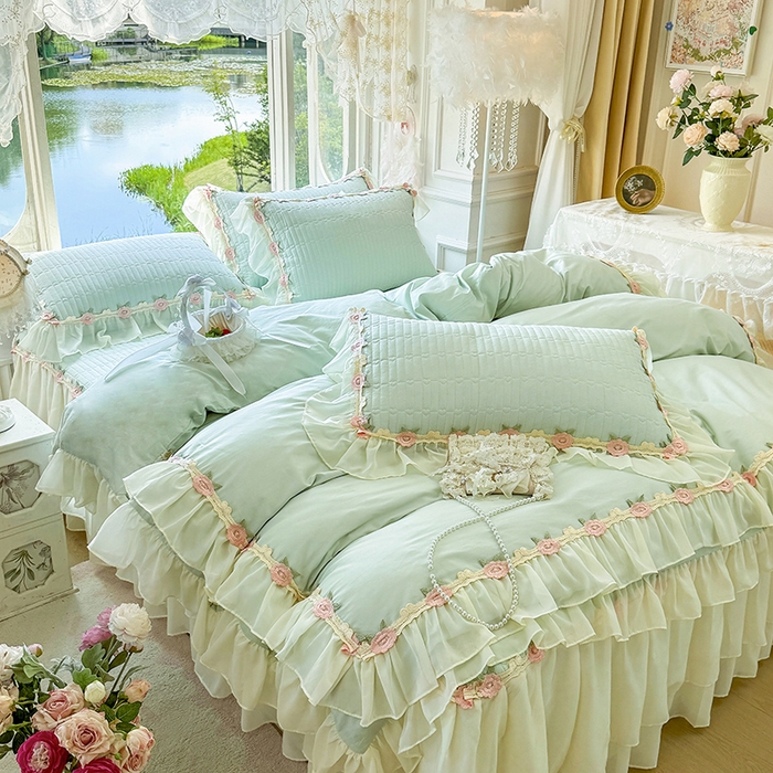 91家纺网 家纺一手货源 找家纺 虹星家纺 2025新款玫瑰花语全棉纯棉床裙三件套单床裙床裙单件 玫瑰花语-抹茶绿