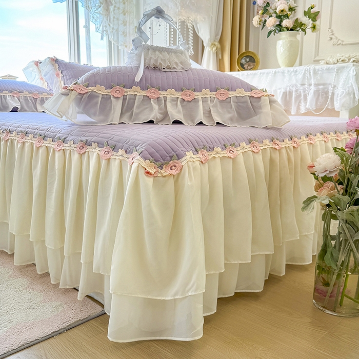 91家纺网 家纺一手货源 找家纺 虹星家纺 2025新款玫瑰花语全棉纯棉床裙三件套单床裙床裙单件 玫瑰花语-紫罗兰