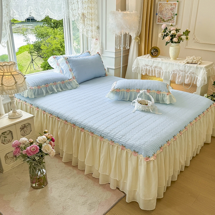 91家纺网 家纺一手货源 找家纺 虹星家纺 2025新款玫瑰花语全棉纯棉床裙三件套单床裙床裙单件 玫瑰花语-月影蓝