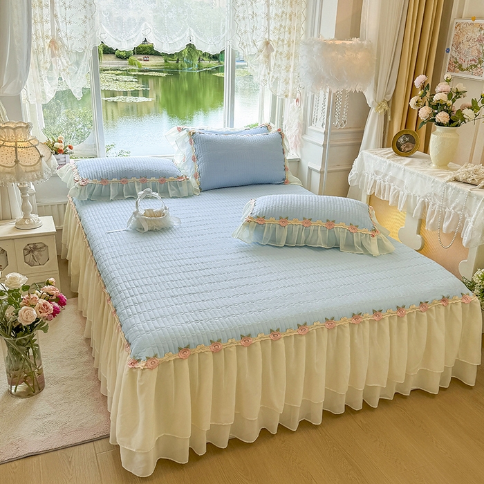 91家纺网 家纺一手货源 找家纺 虹星家纺 2025新款玫瑰花语全棉纯棉床裙三件套单床裙床裙单件 玫瑰花语-月影蓝