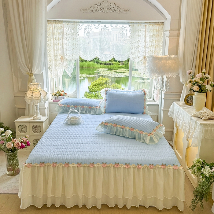 91家纺网 家纺一手货源 找家纺 虹星家纺 2025新款玫瑰花语全棉纯棉床裙三件套单床裙床裙单件 玫瑰花语-月影蓝