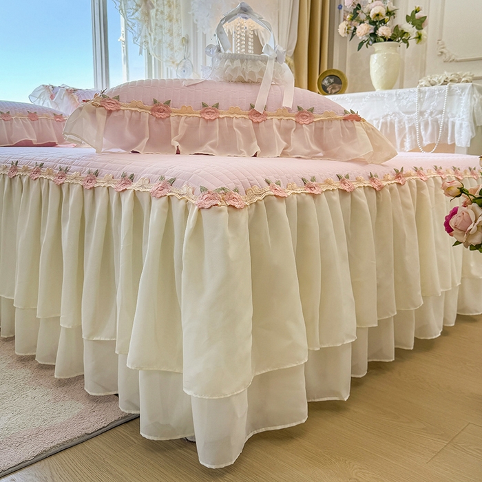 91家纺网 家纺一手货源 找家纺 虹星家纺 2025新款玫瑰花语全棉纯棉床裙三件套单床裙床裙单件 玫瑰花语-樱花粉