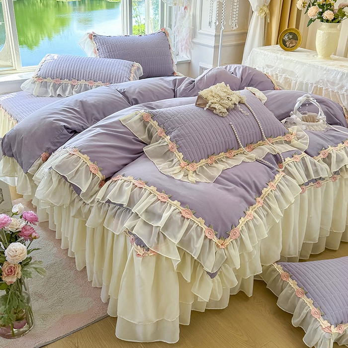 91家纺网 家纺一手货源 找家纺 虹星家纺 2025新款玫瑰花语全棉纯棉床裙三件套单床裙床裙单件 玫瑰花语-紫罗兰