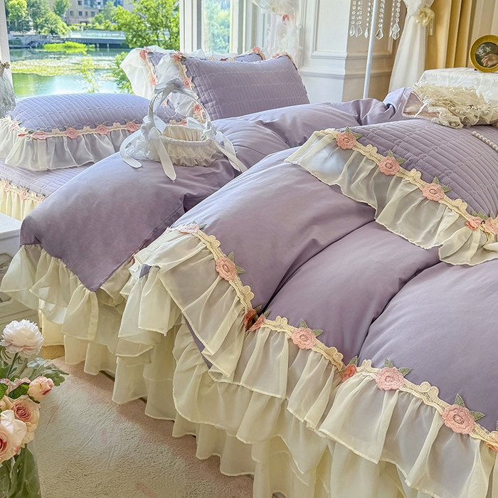 91家纺网 家纺一手货源 找家纺 虹星家纺 2025新款玫瑰花语全棉纯棉床裙三件套单床裙床裙单件 玫瑰花语-紫罗兰