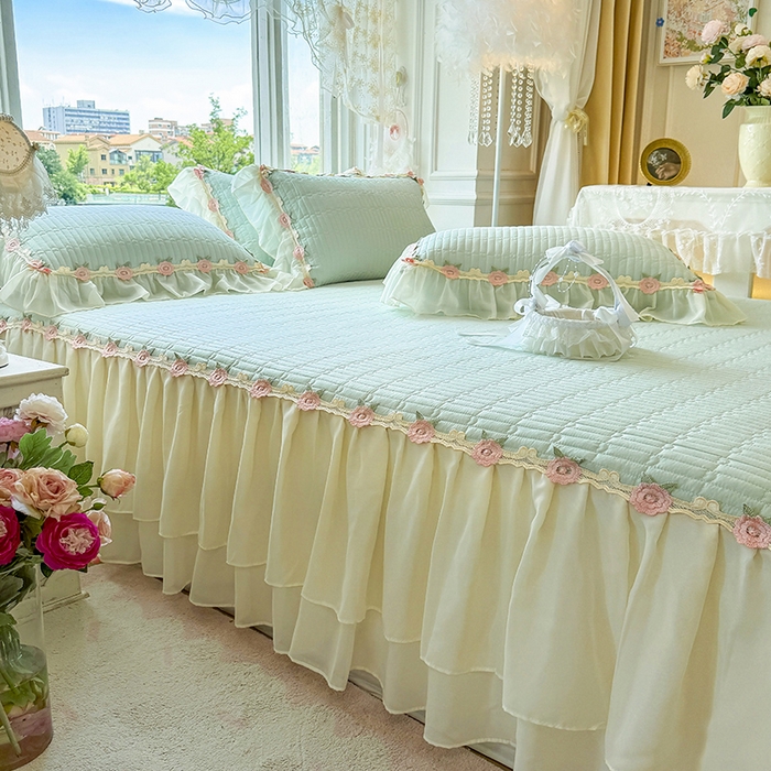 91家纺网 家纺一手货源 找家纺 虹星家纺 2025新款玫瑰花语全棉纯棉床裙三件套单床裙床裙单件 玫瑰花语-抹茶绿