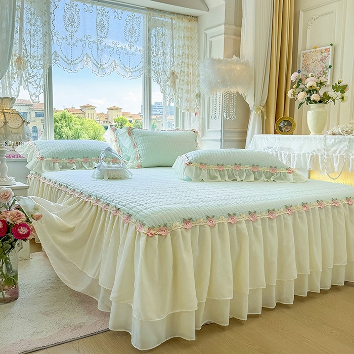 91家纺网 家纺一手货源 找家纺 虹星家纺 2025新款玫瑰花语全棉纯棉床裙三件套单床裙床裙单件 玫瑰花语-抹茶绿