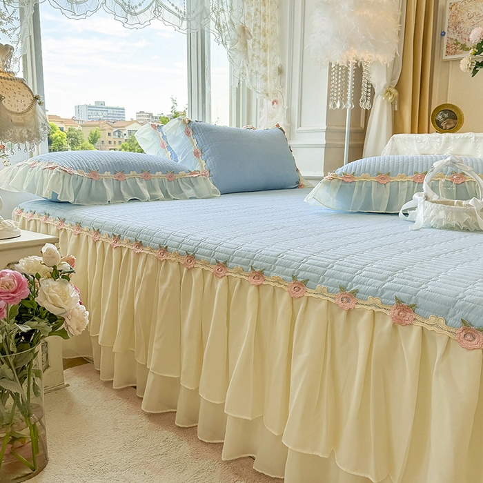 91家纺网 家纺一手货源 找家纺 虹星家纺 2025新款玫瑰花语全棉纯棉床裙三件套单床裙床裙单件 玫瑰花语-月影蓝